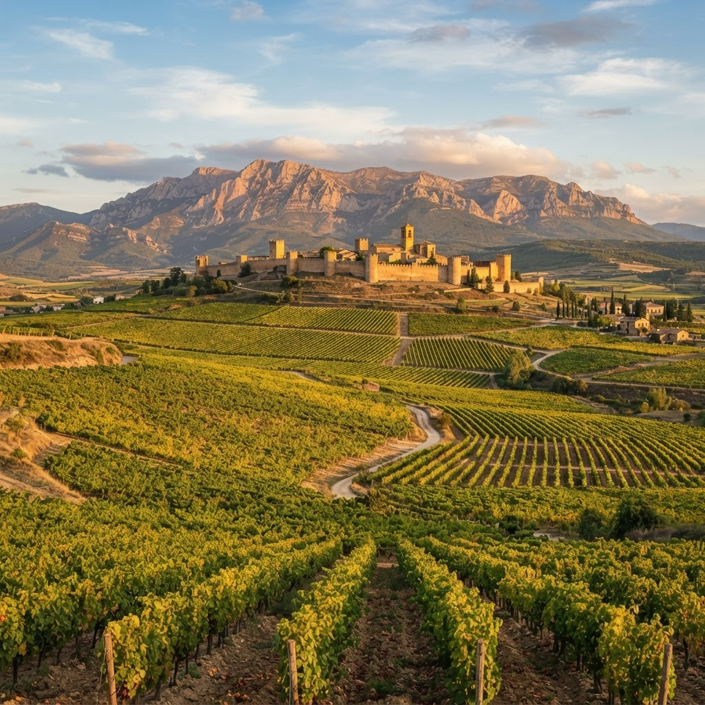 Viñedos de la Rioja Alavesa con el pueblo de Laguardia al fondo